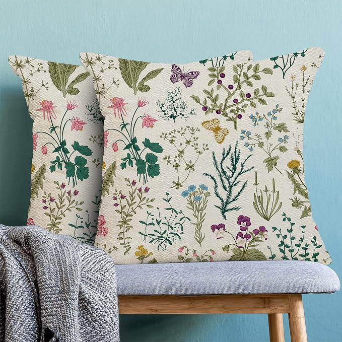AEIOAE Spring Pillow Covers 20x20 Inch Set of 2,Sage Green Teal Wild Flower Plant Throw Pillows Case,Seasonal Floral Outdoor Decorative Linen Farmhouse Decor Cushion Covers for Home Sofa Bed Couch