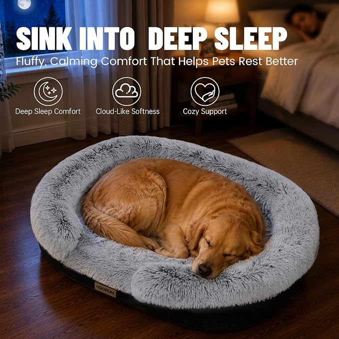 Fluffy Orthopedic Dog Beds Large Sized Dog, 43" Bolster Sofa Bed | Soft plush faux fur,lowered entry,washable cover,waterproof liner,claming dog couch for x-large dogs,supportive bolster