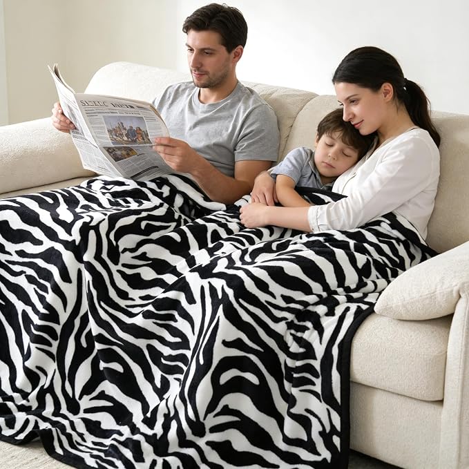 PU MEI King Size Fuzzy Flannel Throw Blanket for Sofa, Couch, Bed, Black and White Zebra Print Blanket Animal - Lightweight Double Sided Cozy Super Soft Blankets, 108" x 90" inches