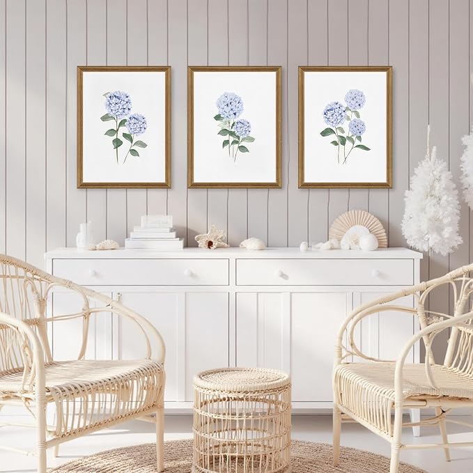 WRFON Blue Hydrangea Framed Wall Art Set of 3, Watercolor Floral Botanical Canvas Prints, Minimalist Flower Wall Decor for Dining Room Living Room Bedroom, Wood Frame 16x24 Inch