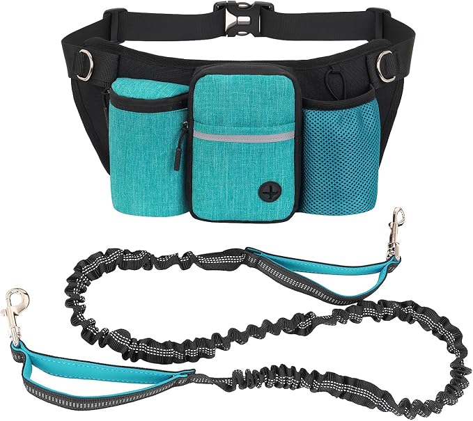Hands Free Dog Leash Waist Pack with Bungee & Treat Pouch Oxford Water-Resistant Multi-Pocket Belt for Walking Hiking Jogging and Dog Walking (Lake Blue)