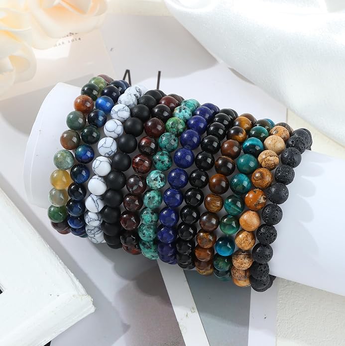 FIRAZIO 12Pcs 8mm Gemstones Beaded Stretch Bracelet for Women Crystal Stone Bracelets Round Beads Semi-Precious Stretch Bracelet Set Unisex