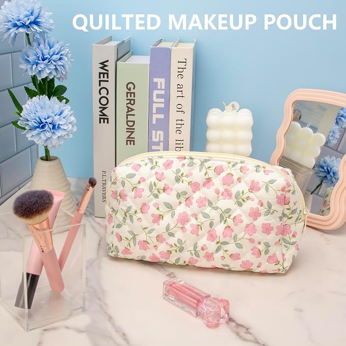 PAZIMIIK Small Quilted Makeup Bag,Zipper Cosmetic Pouch,Floral Pink,2 Pack | Lightweight Cosmetic Bag Organizer for Women,Purse Storage Holds Makeup,Toiletries,Skincare,Beauty Essentials,Travel Items