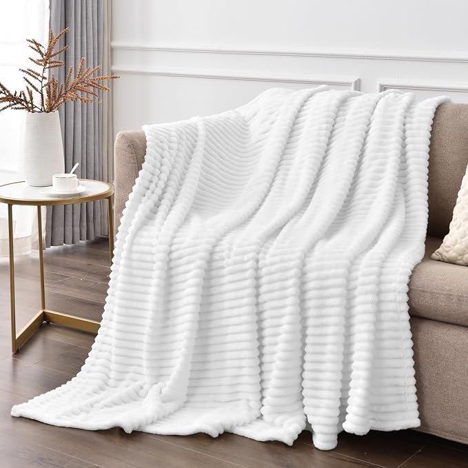 BEDELITE Ribbed Jacquard White Fleece Throw Blanket for Couch, 50x60 Inch | Soft Warm Decorative Fluffy Blanket, Cozy Plush Lightweight Fuzzy Throw Blanket for Bed Sofa Home Room Decor, Gift for Women