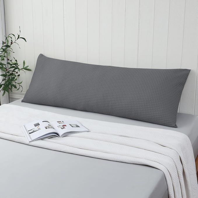 100% Egyptian Cotton 600 TC Waffle Weave Body Pillowcase with Zipper | 1 Pack Ultra Soft Breathable Pillow Cover, Skin-Friendly Bed Pillow Sham, Body Pillow Case Cover, Dark Grey, 20" x 54"