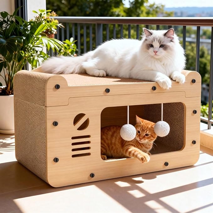 3-in-1 Scratcher Cat House – Save Your Furniture Combines Play Cave, Cozy Bed & Scratching Pad. Durable Cardboard, Reduces Stress. Ideal for Indoor Cats Who Love to Scratch, Play & Nap (MD-TV)