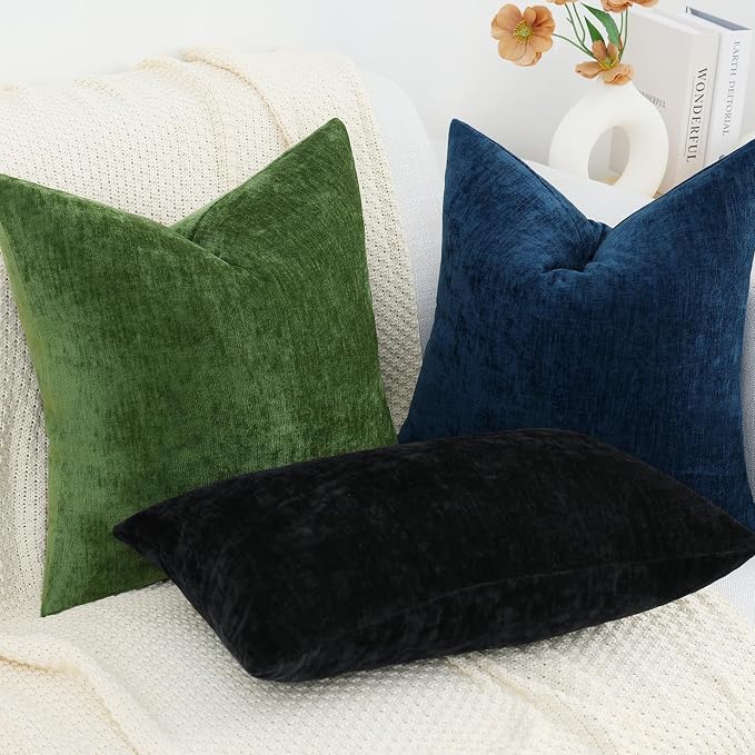 decorUhome Soft Chenille Black Throw Pillow Covers 24X24 Set of 2 | Decorative Fall Couch Pillow Covers Solid Dyed Accent Modern Euro Sham Farmhouse Neutral Square Pillow Cases for Sofa