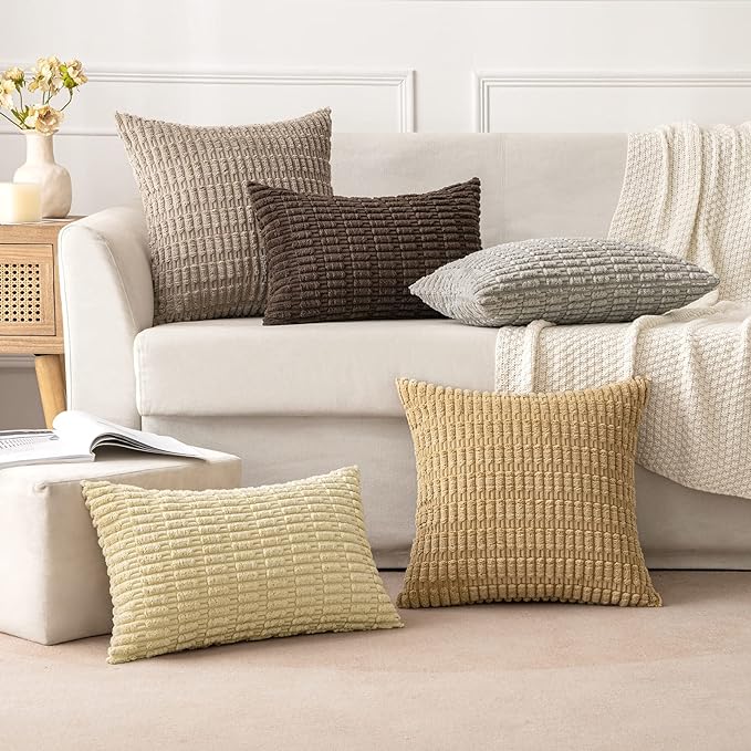MIULEE Euro Sham Corduroy Decorative Throw Pillow Covers 24x24 Beige | Pack of 2 Soft Boho Striped Pillow Covers Modern Farmhouse Home Decor For Sofa Living Room Couch Bed
