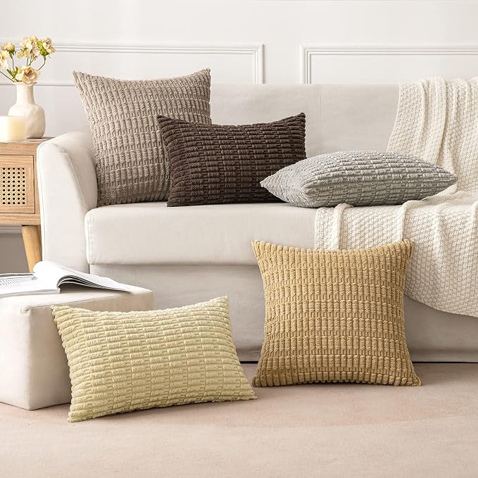 MIULEE Corduroy Decorative Throw Pillow Covers 16x16 Beige Pack of 2 | Soft Boho Striped Pillow Covers Modern Farmhouse Home Decor For Sofa Living Room Couch Bed