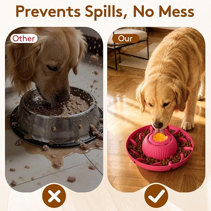 Slow Feeder Dog Bowls 2 in 1 Liquid Treat Dog Lick Mat Bowl – Anti Slip 5‑Cup Large Capacity Liquid and Kibble Food Treat Dispenser for Slowing Down Eating for Large Medium Small Dogs and Cats (Pink)