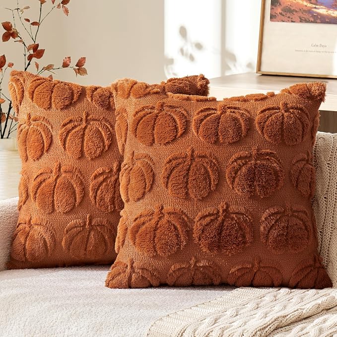 MIULEE Fall Pillow Covers Pumpkin Fall Decor 22x22 Dark Rust | Set of 2 Fall Decorations for Home, Plush Faux Fur Farmhouse Accent Pillowcases, Porch Sofa Couch Cushion Bed Livingroom