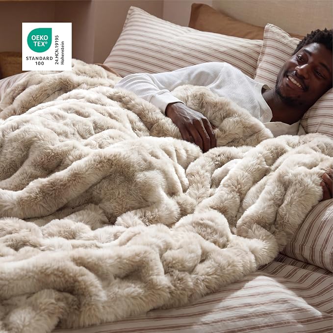 Bedsure GentleSoft Bubble Faux Fur Blankets Queen Size, Fluffy Fuzzy Queen Blanket for Bed, Soft Cozy Faux Fur Bedding for Winter, Thick Warm Plush Bed Cover, Tie-dye Taupe, 90x90