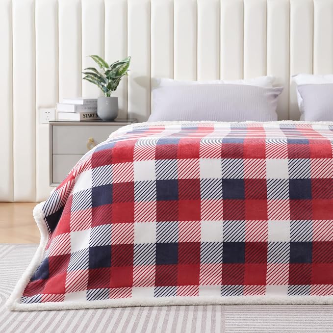 Sherpa Plaid Twin Blanket 60" X 70", Fuzzy Fluffy Soft Cozy Throw Blanket, Twin Size Plush Fleece Flannel Plush Microfiber Blanket for Couch Bed Sofa (Red Color)
