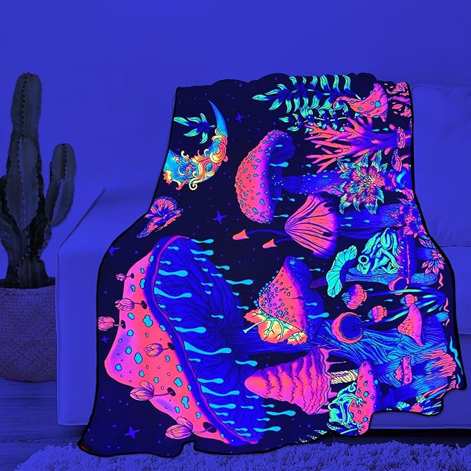 Blacklight Mushroom Throw Blankets Glow in the Dark Black Light Plant Throw Fantasy UV Reactive Mushroom Butterfly Moon Blanket Cute Throw for Bedroom Dorm Decor 59”x51”