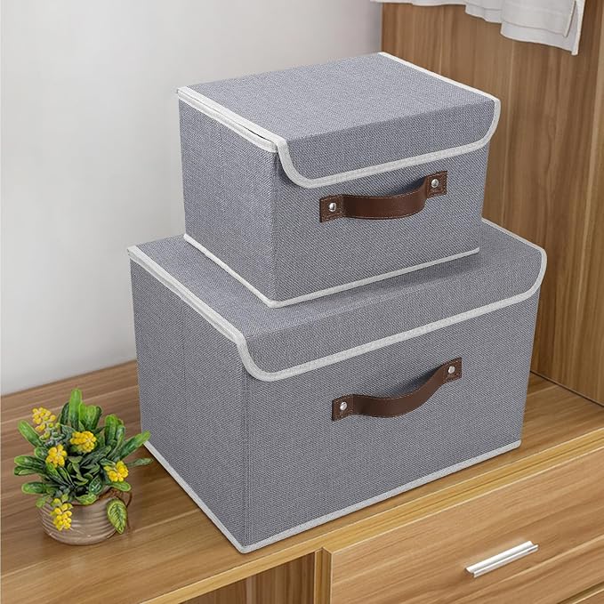 ANMINY Fabric Storage Box Bins with Lids, Gray, 13"x9"x7.9", 4 Pack | Keepsake Memory Storage, Cotton Linen, PP Board Reinforced, Washable, PU Handles, Foldable & Stackable, Decorative, Medium