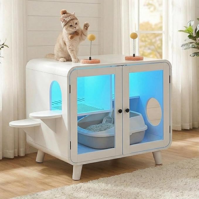 30.7 Inch Cat Litter Box Enclosure Furniture with Stairs, White | RGB LED Light, Dual Glass Doors, Litter Leak Walkway, Pom-Pom Toys, Side Stairs and 220 lb Top Capacity for Indoor Cat Care