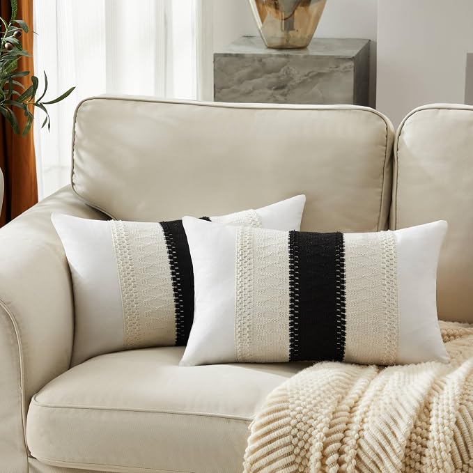2pk Boho Pillow Covers 12x20, Natural White/Contrast/Black | 100% Organic Cotton Body, Stripe Embroidery, Farmhouse Decorative Cushion Covers for Sofa Bed Living Room Home Decor