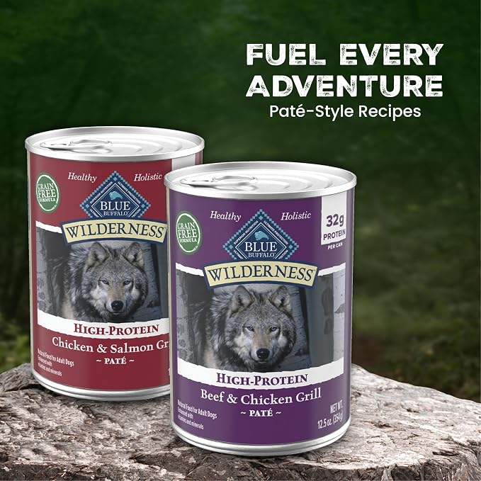 Blue Buffalo Wilderness Variety Pack Adult Wet Dog Food, 12.5 oz, 6 ct | Beef & Chicken Grill and Chicken & Salmon Grill (3 of each), High Protein & Grain-Free Recipes, Natural Ingredients