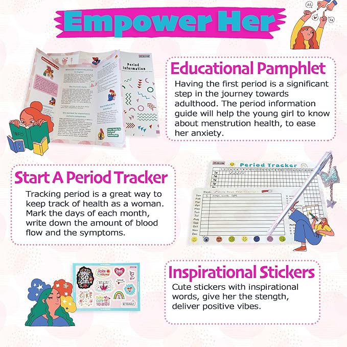 First Period kit for Girls | 23 PC Period Packs for Young Girls First Time | First Period Gift for Teen Girls with Sanitary Pad Storage Bag, Wipes, Bracelet, Eye Mask, Socks and More(Mint)