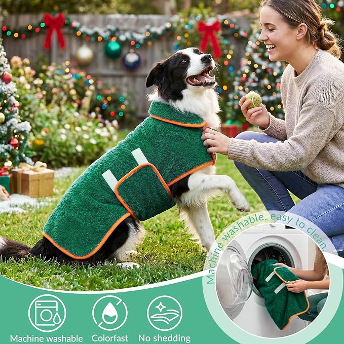 Bienbee Dog Bathrobe, Super Absorbent for Small to Large Dogs, Green 2XL | Dog Robes with Soft Fleece, Warm & Cozy, Adjustable Fit, and Quick Drying Coat for Baths Swimming and Grooming