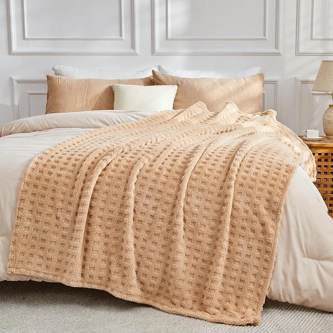 NEWCOSPLAY 3D Waffle Checkered Flannel Queen Blanket, Brown, 90"x90" | Super Soft Cute Lightweight Decorative Premium Silky Fleece Blanket for Couch Sofa Bed, Gift for Women Men, All Season Use