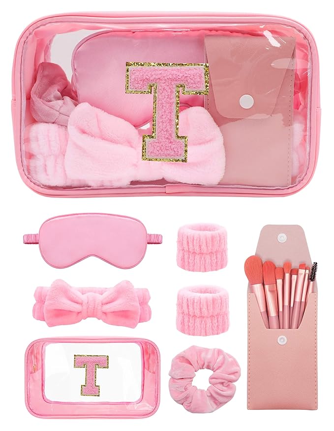 Gift Sets for Women, Initial Makeup Bag with Makeup Brush Set Bachelorette Party Favors, Pink Spa Kit with Skincare Headbands Wrist Bands Sleepover Party Supplies Gifts for Teen Girls Bridesmaid T
