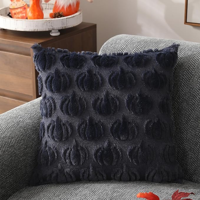 DFXSZ Fall Pillow Covers 20x20 2Pcs Navy Blue Pumpkin Fall Decorations | Fall decor Set of 2 Throw Pillow Cases Soft Plush Faux Fur Wool Couch Cushion for Chair Sofa Bedroom Living Room Home Decor