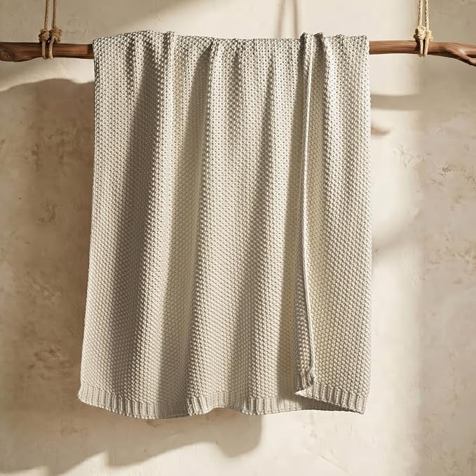 Organic Cotton Chunky Knit Throw Blanket, 50 x 60 Birch | OCS Certified Organic Cotton, Seed Stitch Knit, Soft & Breathable, Cozy Midweight, Decorative Throw for Couch, Bed & Sofa