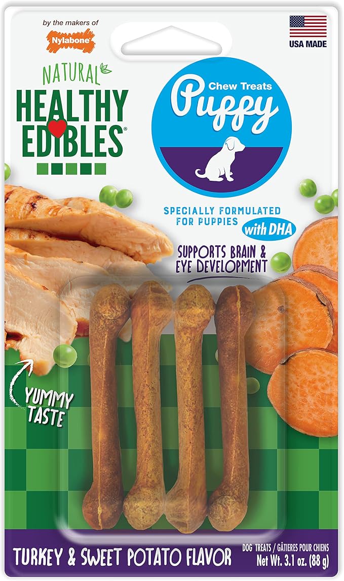 Nylabone Healthy Edibles Puppy Dog Treats, 4 Count | Turkey & sweet potato flavor, natural puppy treats, USA made, highly digestible, small dog treats for puppies up to 15 lbs