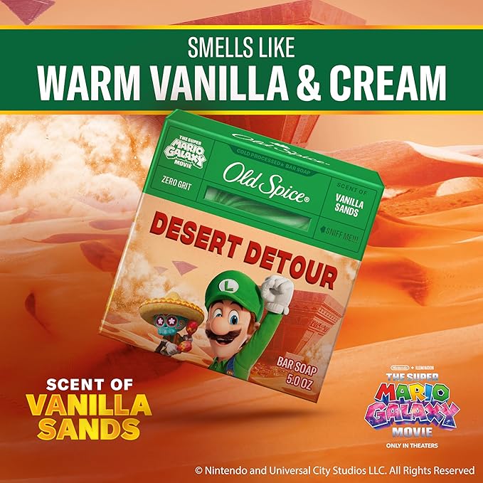 Old Spice Bar Soap for Men, x The Super Mario Galaxy Movie, Cold Pressed with Grit, Made with Natural Oils & Plant Based Cleanser, Vanilla Sands with Warm Vanilla & Cream Scent, 5.0 oz