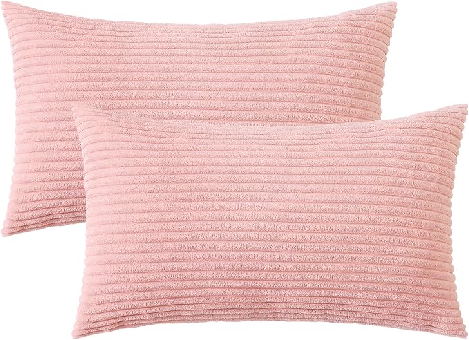Mecatny Corduroy Decorative Throw Pillow Covers 12x20 Set of 2 Pink | Soft Striped Texture, Hidden Zipper Design, Neutral Boho Lumbar Pillow Cases for Sofa Couch Living Room Bedroom, Home Décor