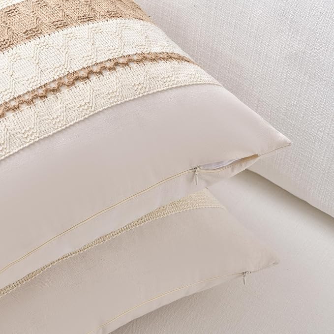 Fancy Homi Set of 1 Boho Neutral Big Decorative Throw Pillow Cover 24x24 Inch for Couch Bed Bedroom, Aesthetic Modern Organic Farmhouse Room Decor, Soft Cotton Accent Macrame Woven Tan Cushion Case