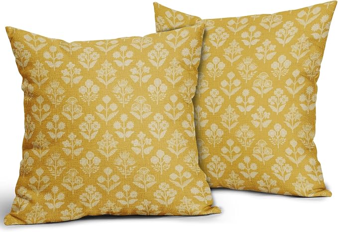 Yellow Floral Block Print Pillow Covers 16x16 Inch Set of 2, Vintage Flower Pattern Decorative Throw Pillowcases Outdoor Farmhouse Cushion Covers Spring Summer Rustic Sofa Couch Bed Decor