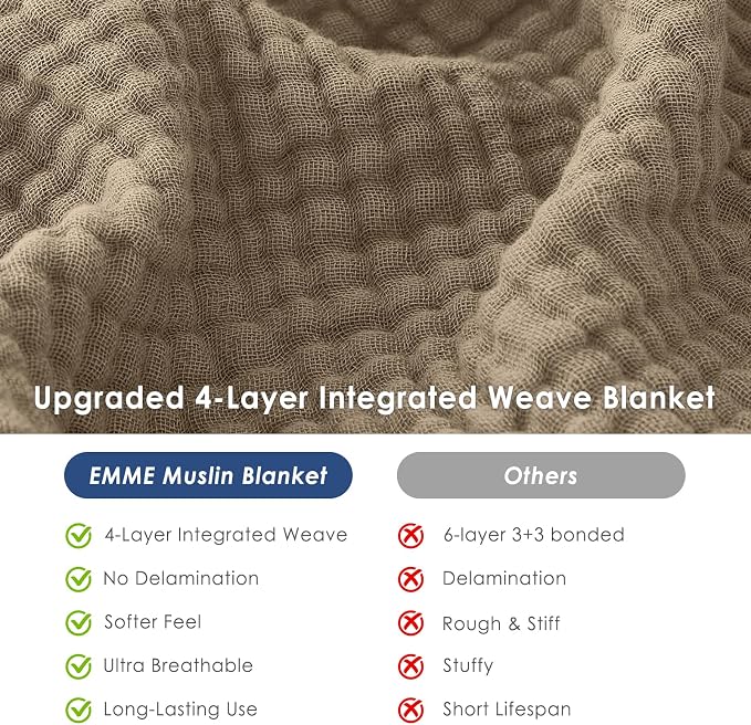 EMME Muslin Blankets for Adults Throw Blanket for Couch Breathable Gauze Soft Lightweight Airy Tan Queen 90" x 90"