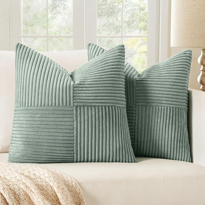 MIULEE Greyish Green Decorative Throw Pillow Covers 16x16 Inch for Couch Bed Sofa Spring Decor Pack of 2 Boho Farmhouse Throw Pillows Soft Cross Corduroy Patchwork Textured Cushion Cases