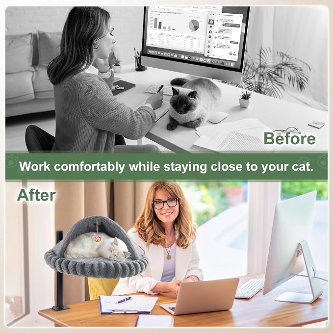 Cat Desk Bed with Self-Heating Pad – Adjustable Desk Mounted Cat Bed Nest with Bell | Cozy Cat Hammock for Desk, Cat Bed for Desk Attachment & Furniture-Loving Cats