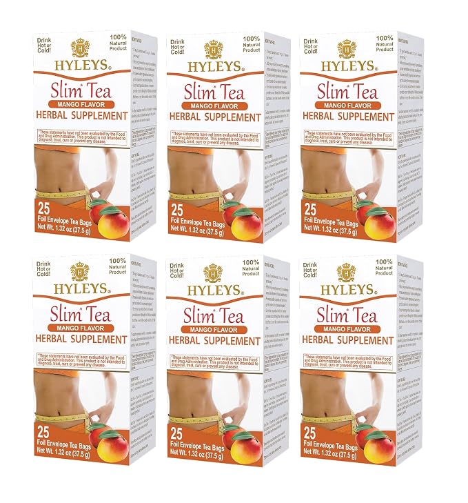 Hyleys Slim Tea Mango Flavor - Weight Loss Herbal Supplement Cleanse and Detox - 25 Tea Bags (6 Pack)