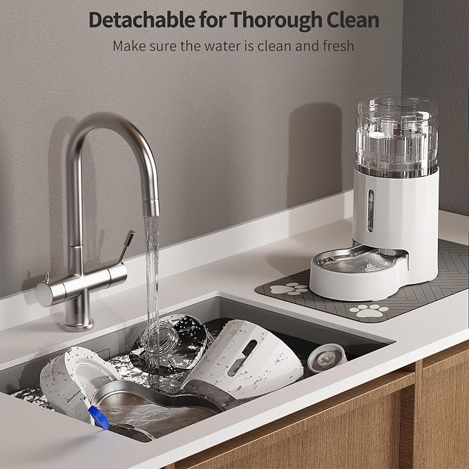 JUNSPOW Cat Water Dispenser with Placemat & Stainless Steel Bowl (4L White) | Automatic Gravity Water Dispenser for Cats or Small Medium Size Dogs, Large Capacity, Easy to Clean