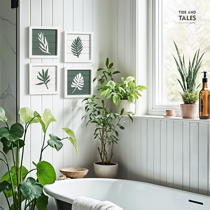 Tide and Tales 3D Green Botanical Wall Art, Framed Set of 4, Leaf Decor | 7x7 Inch, Lightweight, Wooden, Ready-to-Hang, Minimalist Boho Farmhouse Pictures for Bathroom, Bedroom, Living Room or Office
