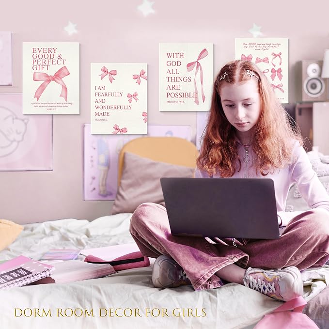 LARTSFRO Coquette Pink Bow Canvas Wall Art Decor Prints Posters, Pink Bow Room Bedroom Bathroom Dorm Wall Art Decor Aesthetic for College Teen Girls Gifts, Inspirational Bible Verses Bow Wall Decor, 11x14 Inch Set of 4 Pcs Bow Pictures (Canvas Framed 1...