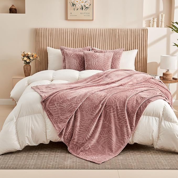 Super Soft Flannel Fleece Throw Blanket, 50 x 60 Inches, Dusty Rose | Lightweight Cozy Warm Leaves Textured Plush Blanket for Women Bed Couch Sofa