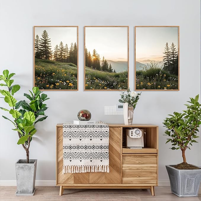 FWIEXA Mountain Canvas Wall Art Set, Framed Forest Nature Wall Decor, 3 Piece Landscape Paintings Artwork, 16x24 Inches Wildflower Pictures for Living Room, Bedroom, Office