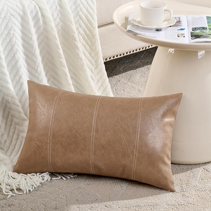Fancy Homi Light Brown Boho Long Lumbar Faux Leather Decorative Throw Pillow Covers 14x24 Inch for Living Room Couch Bed Sofa, Hand Stitched Rectangle Cushion Case, Rustic Modern Farmhouse Home Decor