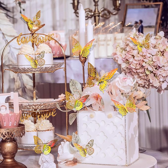 SAOROPEB 3D Butterfly Wall Decor 48 Pcs Laser Gold Butterfly Decorations | 4 Styles 3 Sizes, Birthday Decorations Butterfly Party Decorations&Butterfly Cake Decorations-Removable Gold Butterfly