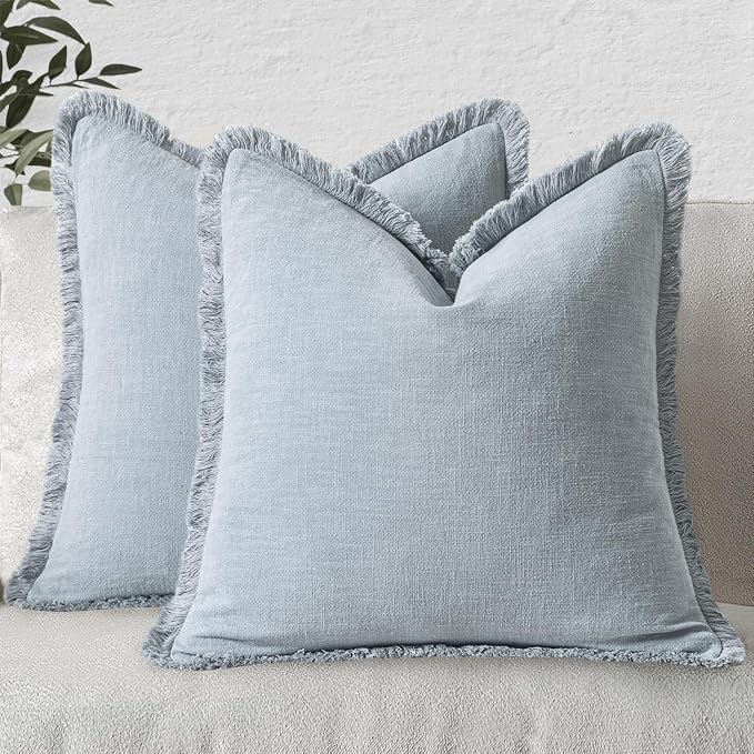 MIULEE Boho Linen Fringe Decorative Throw Pillow Covers Sky Blue 18x18 | Set of 2, Cottagecore Decor, Boho Farmhouse Coastal Pillow Covers, Rustic Couch Cushion Cases for Sofa Bed Living Room