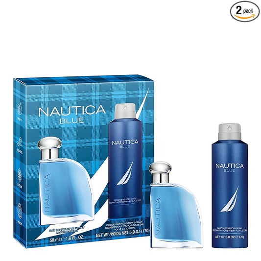Nautica Blue Giftset 1.6 fl oz EDT + 6 oz Deodorizing Body Spray, Notes of Basil, Jasmine, and Cedarwood, Men's Fragrance, Long Lasting, Everyday Fragrance