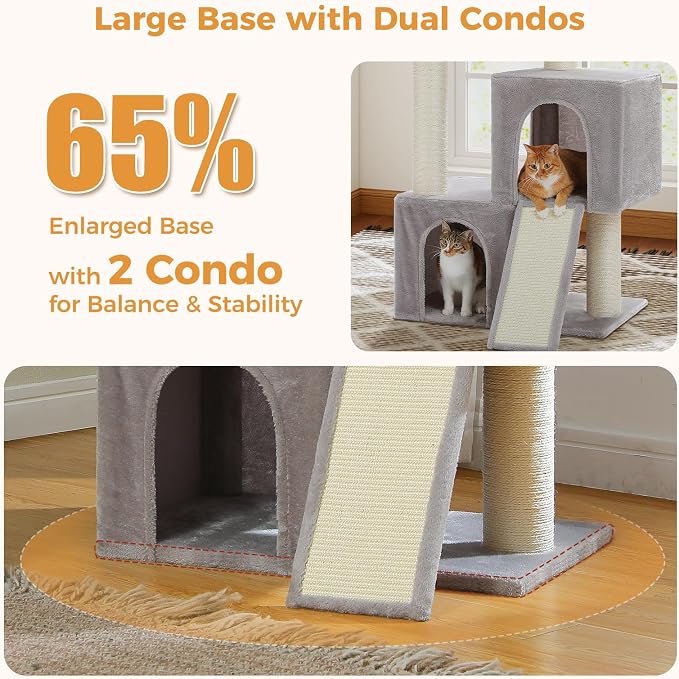 PAWZ Road Large Cat Tree, 45" Heavy Duty Cat Tower with Dual Condos, Gray | thick scratching posts(φ4.3"), 21"x21" spacious perch, large scratching ramp, dual condos for large&maine cats