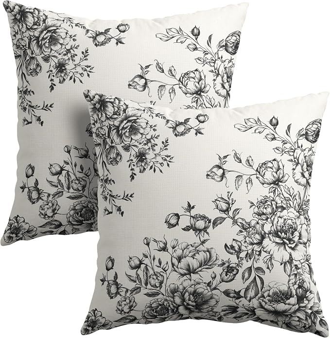 Kawani Vintage Floral Pillow Covers 18x18 Inch Set of 2 Victorian Bouquet Black Flowers Botanical Decorative Pillowcase Cotton Linen Square Cushion Case for Couch Sofa Bedroom Home Decor