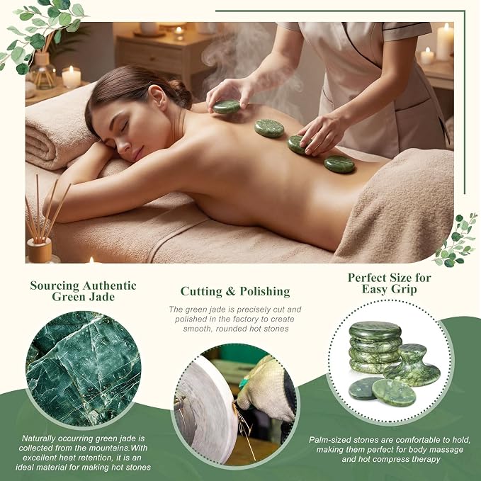 MTLEE 7 Pcs Hot Stones Massage Set Natural Green Jade Heated Warmer Stone, Round, Oval, Mushroom Shaped Hot Rocks, Body Gua Sha Massage Tool with Velvet Bag for Spa Relax, Relieve Tension (Full Body)