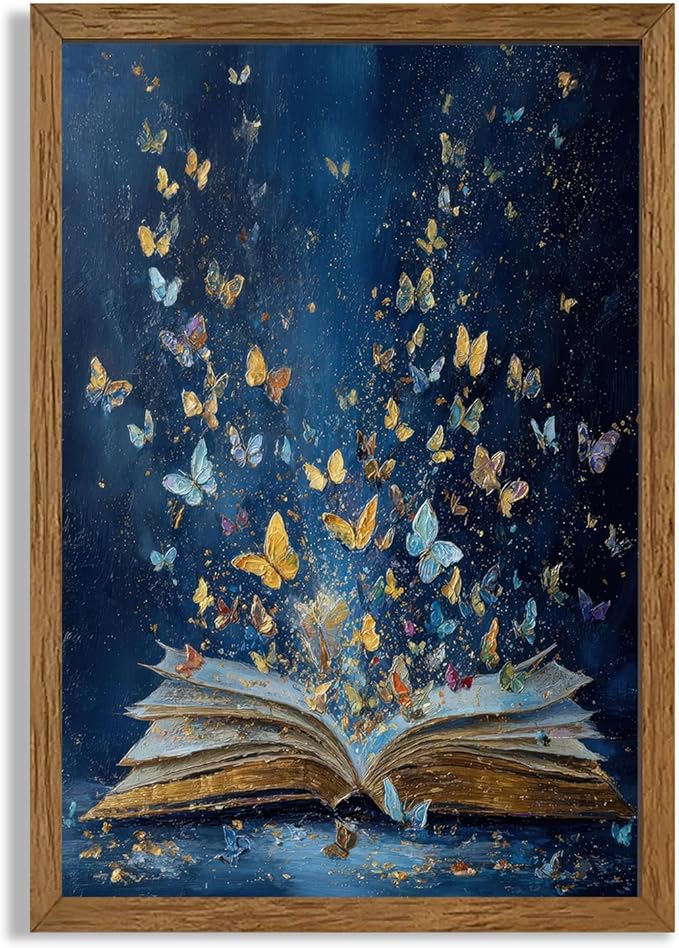 JLTULT Book Wall Art with Butterflies, Solid Wood-Framed Canvas, 20x30 in | Blue open-book art with butterflies on fade-resistant canvas and a ready-to-hang solid wood frame for bedrooms and studies